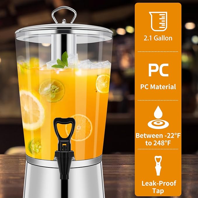 Beverage Dispenser With Stand, Iced Beverage Drink Dispenser, Stainless Steel Water Jar with Ice Container, Lemonade Drink Jar Jug For Buffet, Parties, Clear Acrylic, 2-GALLONS 8-L
