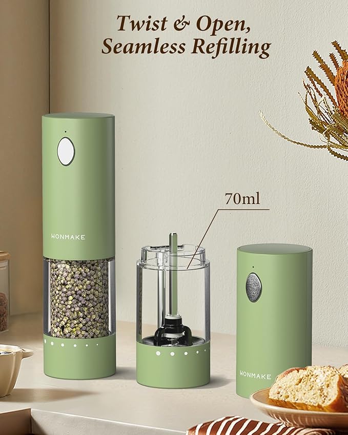 Electric Salt and Pepper Grinder Set - Automatic Refillable Salt and Pepper Grinders with Charging Base & LED Light, 6-Level Adjustable Coarseness with External Dial, Ideal Kitchen Gadget，Green