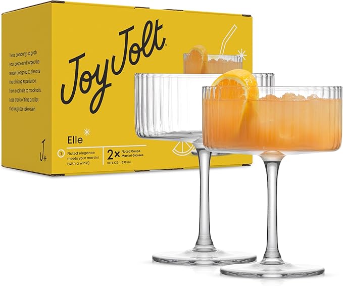 JoyJolt Elle Fluted 10oz Coupe Glass Set of 2, Unique Champagne Glasses for Cocktails and Martinis, Ribbed Vintage Style Drinking Glasses