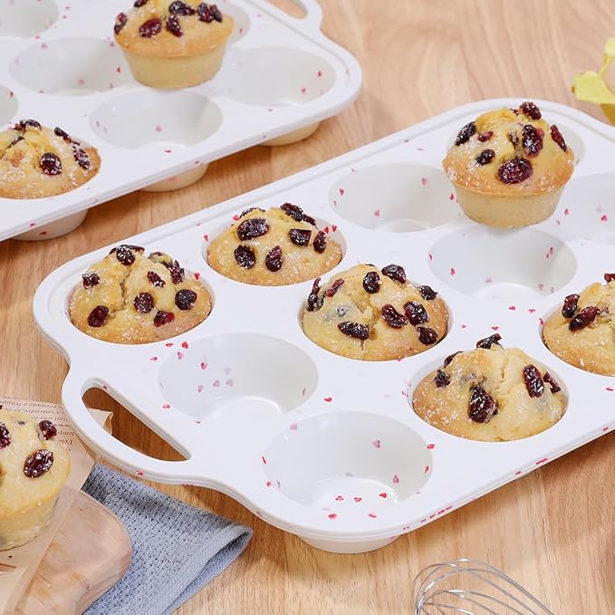 Regular Size Muffin Pan with Metal Reinforced Frame, Silicone Cupcake Pan Easy to Handle Nonstick 12 Cups Silicone Muffin Pans for Baking BPA Free 2 Pack