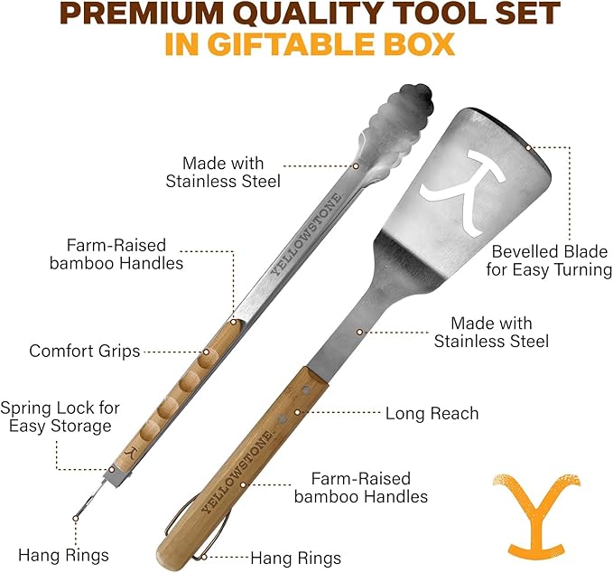 Y Yellowstone BBQ Tool Set - 2 pc Grill Set Includes Spatula and Tongs | Ideal BBQ Grill Accessories Utensils Set | Authentic Yellowstone Merchandise