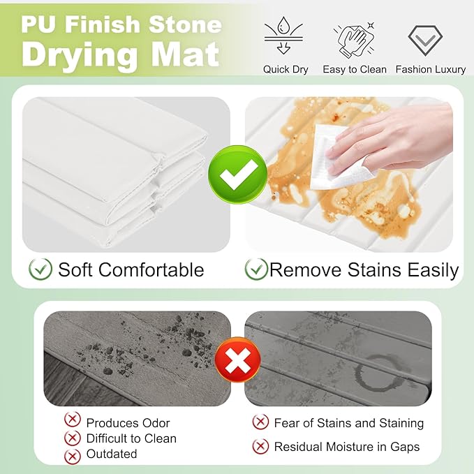 Stone Drying Mat for Kitchen Counter, Stain-Defying PU Leather, Large Stone Dish Drying Mat Foldable Absorbent Diatomaceous Earth Bath Mat Quick Dry for Bottles Cups Countertop 23" x 15.3"