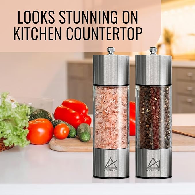 Salt and Pepper Grinder Set Manual 2 Pack | Large Round Salt and Pepper Shakers Set | 7.5 inch Stainless Steel Salt Grinder Refillable | Manual Pepper Grinder (Stainless Steel)
