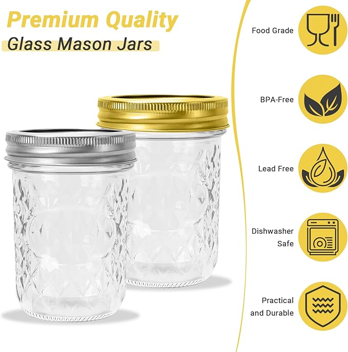 8 oz Glass Mason Jars, 24 Pack Regular Mouth Glass Canning Jars with Silver and Gold Aluminum Lids and Bands, Airtight Jam Jars for Food Storage, Pickling, Fermenting, Honey, DIY Candles Decor