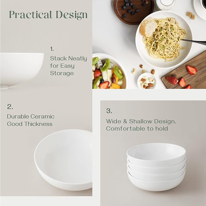 DOWAN Pasta Bowls 47 oz, Large Salad Bowls 2.5" Deep Soup Bowls, Porcelain Serving Bowls Set of 4, Big Kitchen Dinner Bowl Plates Pasta Plates, Microwave & Dishwasher Safe, Creamy White