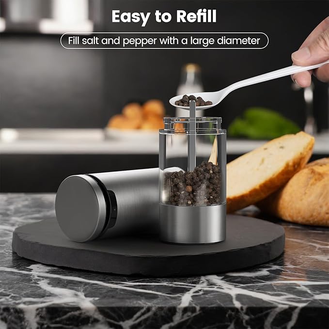 SIMPLETASTE Electric Salt and Pepper Grinder Set Rechargeable with LED Light, Stainless Steel, 70g Capacity for Kitchen, Dining Room, Bar