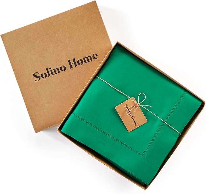 Solino Home Linen Tablecloth 60 x 90 Inch - Classic Hemstitch 100% Pure Linen Emerald Green Table Cloth for Rectangle Tables - Machine Washable Tablecloth