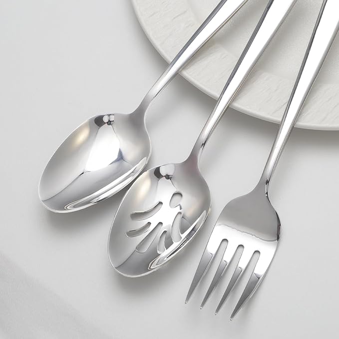 6 Piece Serving Utensils Set, Includes Serving Spoons x 2, Slotted Spoons x 2, Serving Forks x 2, Large Cutlery for Catering Buffet, Mirror Polished, Dishwasher Safe, 9 Inches
