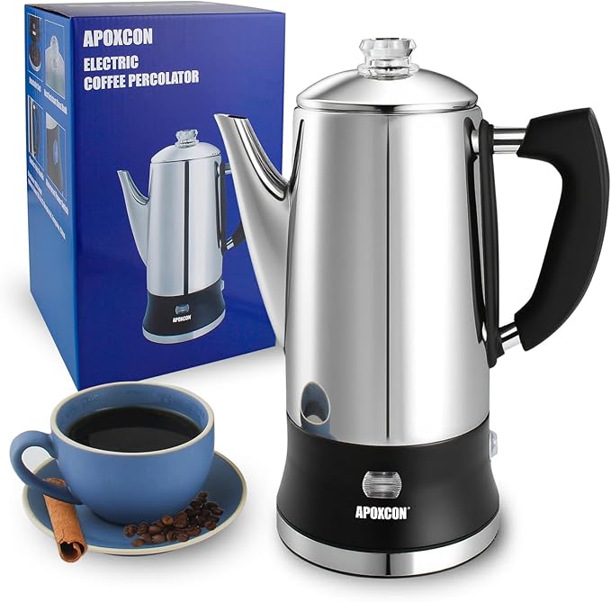 Electric Coffee Percolator Stainless Steel Coffee Maker with Clear Brew Progress Tough Glass Knob and On/OFF Switch Classic Coffee Pot with Keep Warm & Cordless Serve No Aluminum (12 Cup)