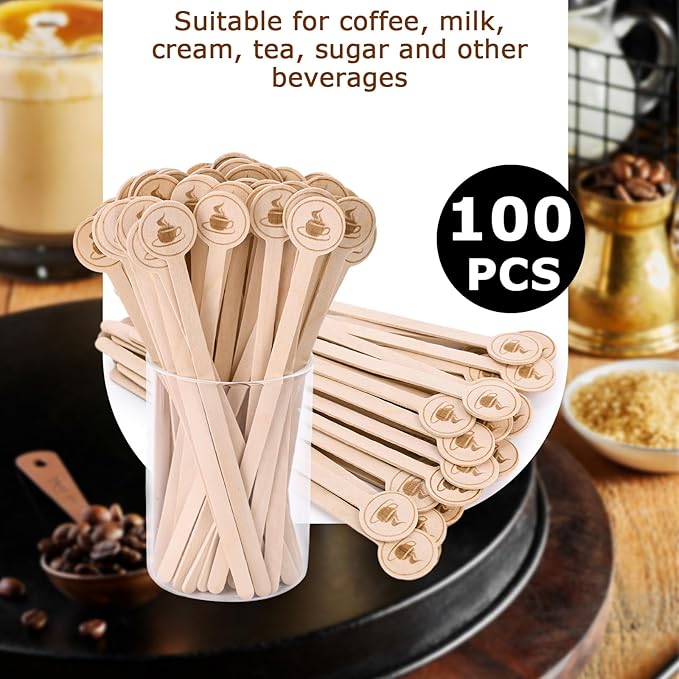 HANSGO 100PCS Coffee Stirrers, 5.9 Inch Coffee Stir Sticks with Round Ends, Cafe Grade Natural Wooden Stir Sticks, Wooden Beverage Mixer for Cocktails Milk Tea