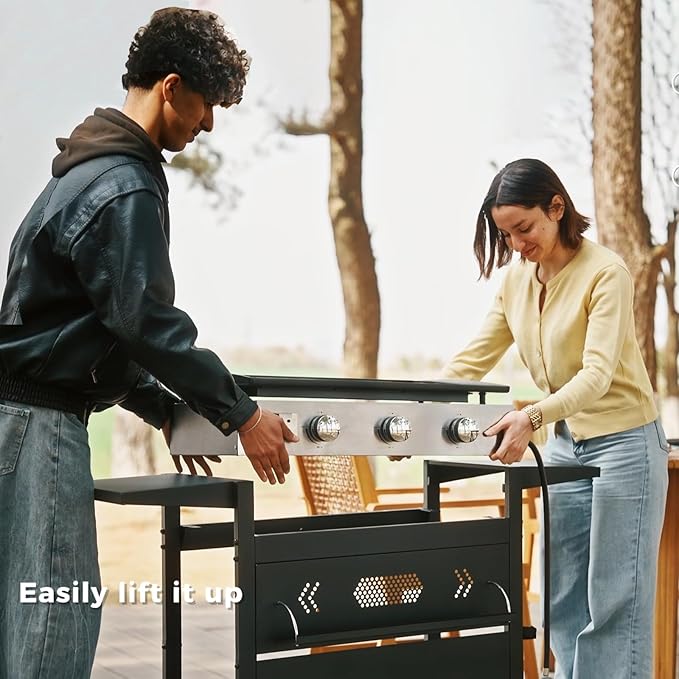 GREEN PARTY 3 Burner Propane Gas Griddle with Removable Standing Cart, Convertible to Tabletop Design, 27 inch Flat Top Grill for Outdoor Cooking Camping Tailgating Barbecue