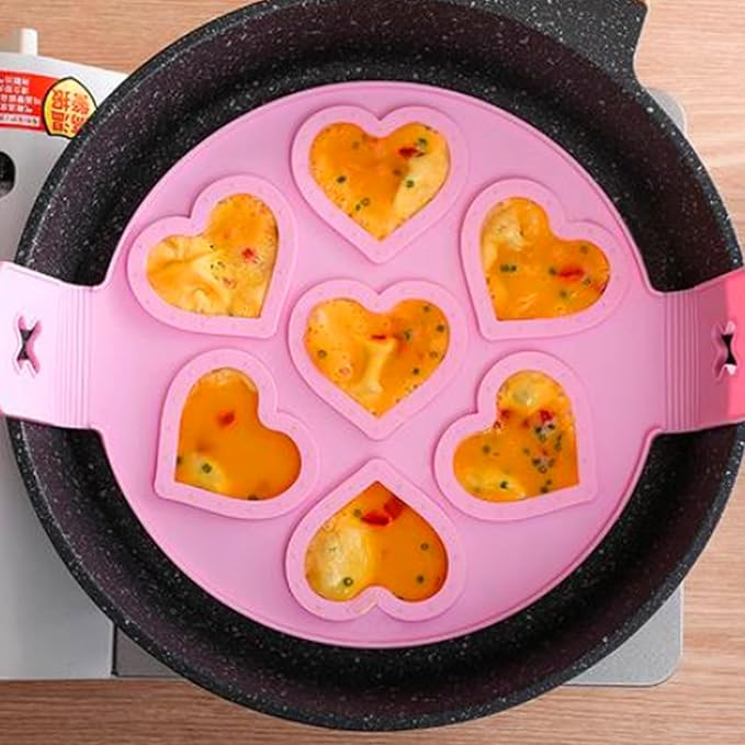 Pancake and Egg Mold 7 Cavity,Reusable Non-Stick Silicone Heart Star Shape Mold with Handle for Making Mini Pancakes, Fried Eggs, Muffins, Burgers