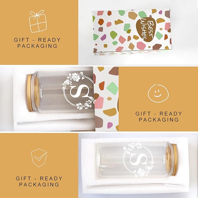 Birthday Gifts for Women, Monogrammed Initial Glass Cup Personalized Gifts for Women, 16oz Glass Cups with Lids and Straws, Iced Coffee Cup, Beer Can Shaped - Gift for Christmas, Birthday, S