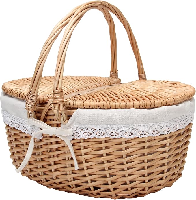 Wicker Picnic Basket with Removable White Lace Liner - 15x11.5x7 Inch Outdoor Picnic Hamper, Foldable Handles & Lockable Lid, Portable Picnic Tote Basket for 4 Person
