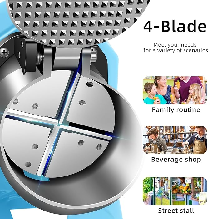 Ice Shaver, Electric Shaved Ice Machine，4-blades Ice Shaver Machine,200lbs/hr ice crusher with Ice Pick for Home and Commercial Use（Blue）