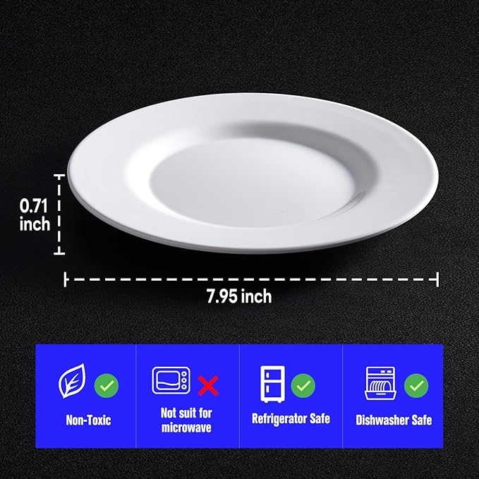 8” White Melamine Salad Plates - Smooth Round 8 Inch Melamine White Plates, Dishwasher Safe Durable Appetizer-Dishes, Set of 8