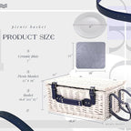 Picnic Basket Set for 4 with Waterproof Blanket Mat Insulation Bag Wicker White Navy Blue Stripe Classic Elegant Gift for Wedding Birthday Summer Camp Outdoor Camping Beach Travel Christmas