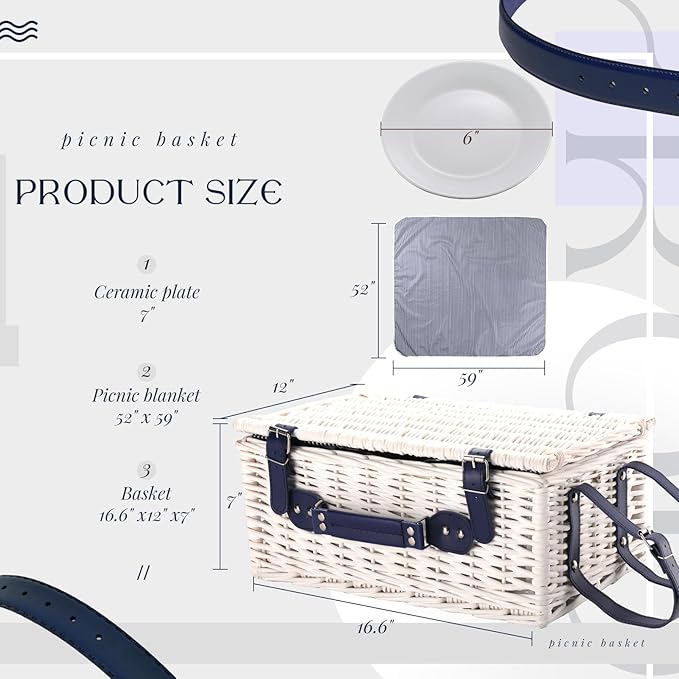 Picnic Basket Set for 4 with Waterproof Blanket Mat Insulation Bag Wicker White Navy Blue Stripe Classic Elegant Gift for Wedding Birthday Summer Camp Outdoor Camping Beach Travel Christmas