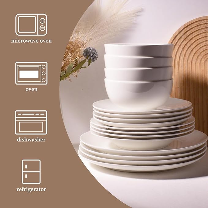 16-Piece Dinnerware Set for 4, White Porcelain Plates and Bowls, Chip Resistant Dishwasher Safe for Family Dining and Daily Use