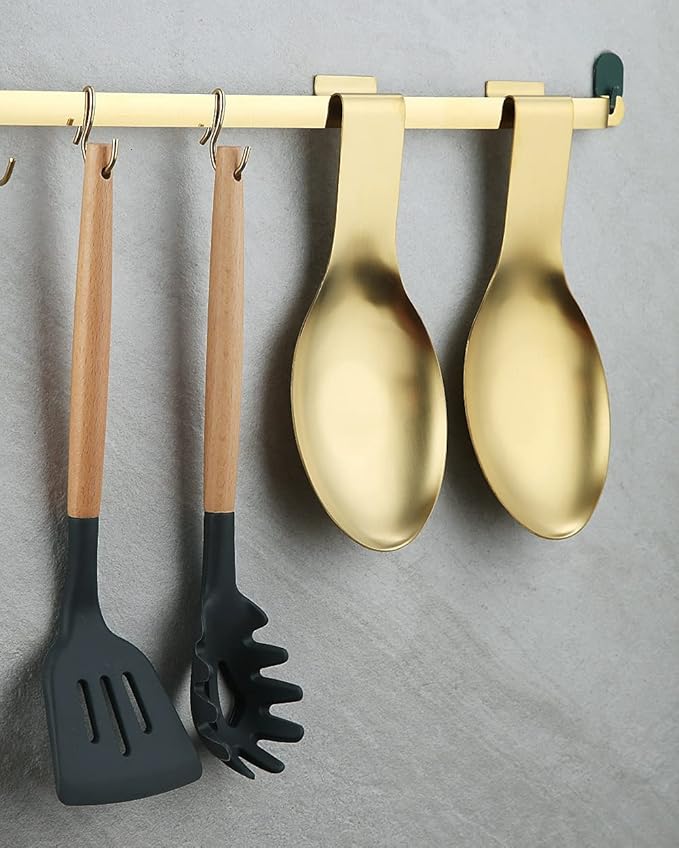 Matte Gold Spoon Rest, Stainless Steel Holder for Stove Top, Kitchen Utensils for Ladles, Tongs, Spatula, Pot Lid, Dishwasher Safe (2PC-9.5 Inch)