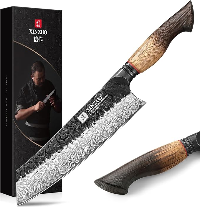 XINZUO 8.3 Inch Kiritsuke Chef Knife, Forged 67 Layers 10Cr15Comov High Carbon Damascus Steel Professional Kitchen Knife,Super Sharp，White Oak + Red G10 Gasket Handle