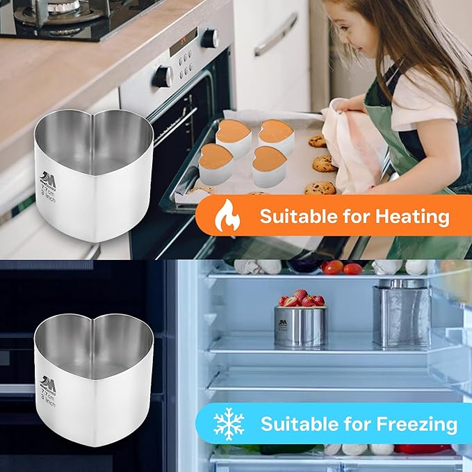 6 Pack Heart-Shaped Cake Ring Molds, Seamless Stainless Steel Cake Cutter with Pusher & Lifter, 3-Inch Dessert Mousse Rings for Baking (Includes 1 Pusher, 1 Lifter and 6 Rings)