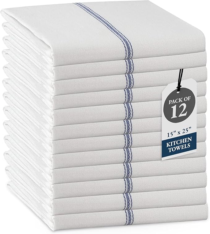 LANE LINEN Kitchen Towel Set- 12 Pack 14"x25" Dishtowels for Kitchen, Absorbent 100% Cotton Dish Drying Towels, Cleaning Cloth for Countertops, Soft & Durable, Machine Washable - Blue Stripe