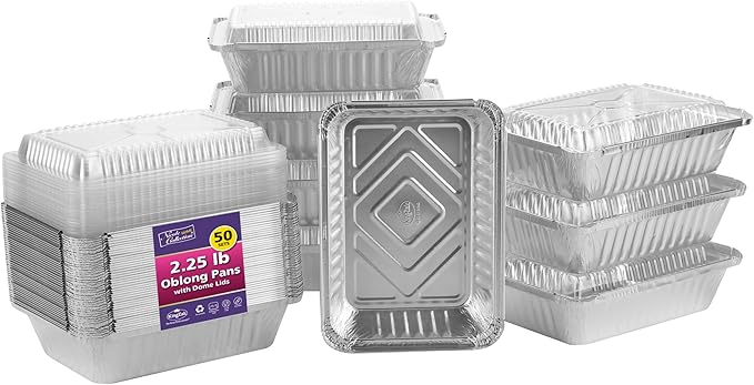 Aluminum Pans With Plastic Dome Lids - 50 Count - 2.25LB (8.5"x6") Oblong Pans - To Go Containers With Lids - Disposable Tin Foil Pans - Perfect For Catering, Meal Prep, Baking, Freezer Safe