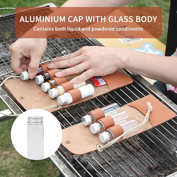BY-J Camping Spice Kit with 5 Jars, Foldable Leather Spice Holder Seasoning Storage Bag, Condiment Container Set for Outdoor Picnic BBQ, Waterproof Travel Seasoning Container, Red