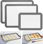 KitchenRaku Silicone Baking Mat Set of 3, 2 Half Sheets (16.5"x11.6") + 1 Quarter Baking Sheet Reusable Silicone Cooking Mat, BPA Free Baking Sheet for Cookies, Macarons Bread & Pastry