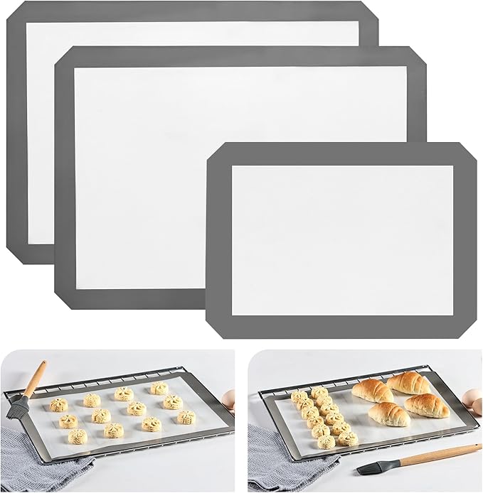 KitchenRaku Silicone Baking Mat Set of 3, 2 Half Sheets (16.5"x11.6") + 1 Quarter Baking Sheet Reusable Silicone Cooking Mat, BPA Free Baking Sheet for Cookies, Macarons Bread & Pastry