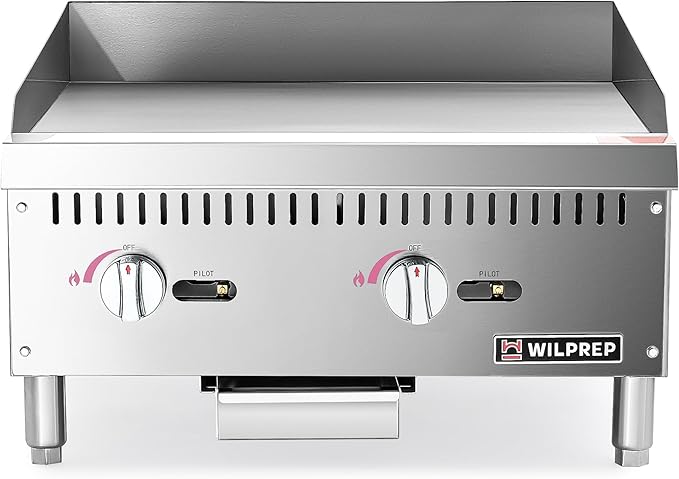 WILPREP Commercial Gas Griddle, 24 in. Gas Countertop Griddle with 2 30000 BTU U-Shaped Burners, NG LPG Compatible Flat Top Grill Hot Plate with Independent Knob Controls for Home Commercial Kitchen