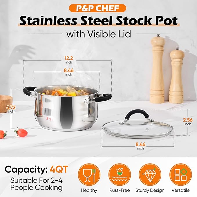 P&P CHEF Stainless Steel Stock Pot, 4 Qt Cooking Soup Pot with Visible Lid for Pasta, Tri-Ply Bottom & Dual Heatproof Handles, For Induction Gas All Stoves, Non-Toxic & Dishwasher Safe