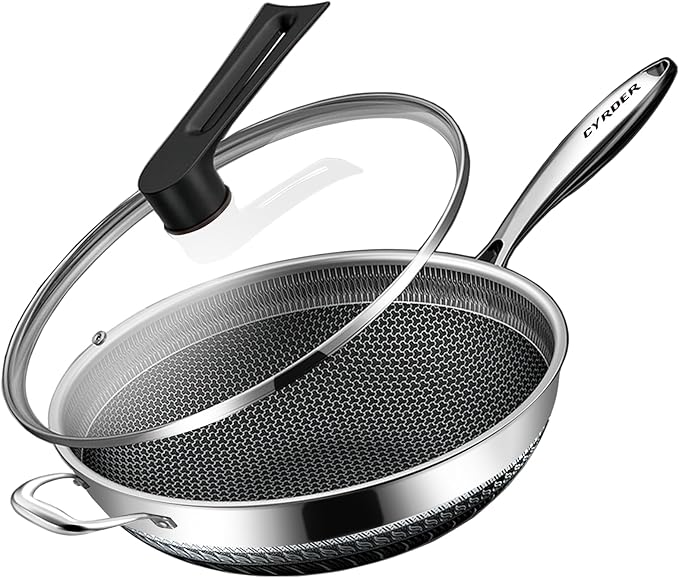 Hybrid 14.5Inch 316 Stainless Steel Pan, PFOA Free Non-Stick Wok, Dishwasher Oven Safe, Stay Cool Handle Skillet, Works with Induction Cooktop/Ceramic/Gas/Electric Stove
