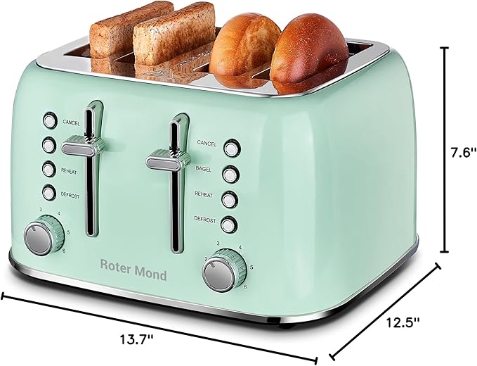 Roter Mond Toaster 4 Slice Retro Stainless Steel with Extra Wide Slots Bagel, Defrost, Reheat Function, Dual Independent Control Panel, Removable Crumb Tray, 6 Browning Levels, Aqua Green