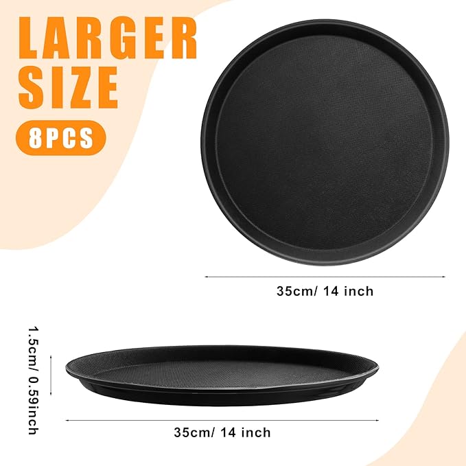 Zopeal 8 Pieces Black Round Restaurant Serving Tray, Plastic Non Slip Surface Food Meals Server Tray with Raised Edges for Home, Kitchen, Restaurant, Cafeteria, Bar (14")