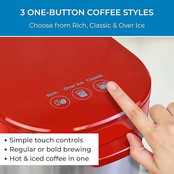 Koolatron Kenmore Single Serve Coffee Maker & Stainless Steel Travel Mug, Capsule/Pod & Ground Coffee Brewing, K Cup Compatible, Hot & Iced Coffee Machine, 6 to 14 Oz Brew Sizes, Auto Shut-Off, Red