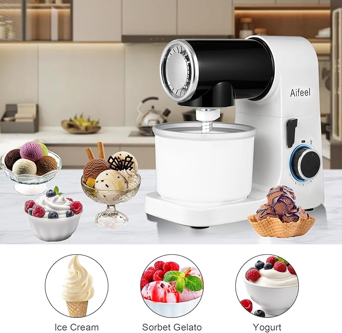 Aifeel Stand Mixer,6.5QT Mixer with 2QT Ice Cream Maker Bowl, Kitchen Electric Mixer Multifunctional Bread Dough Mixer with Dough Hook,Whisk & Beater, Food Mixer for Baking (Black-White)