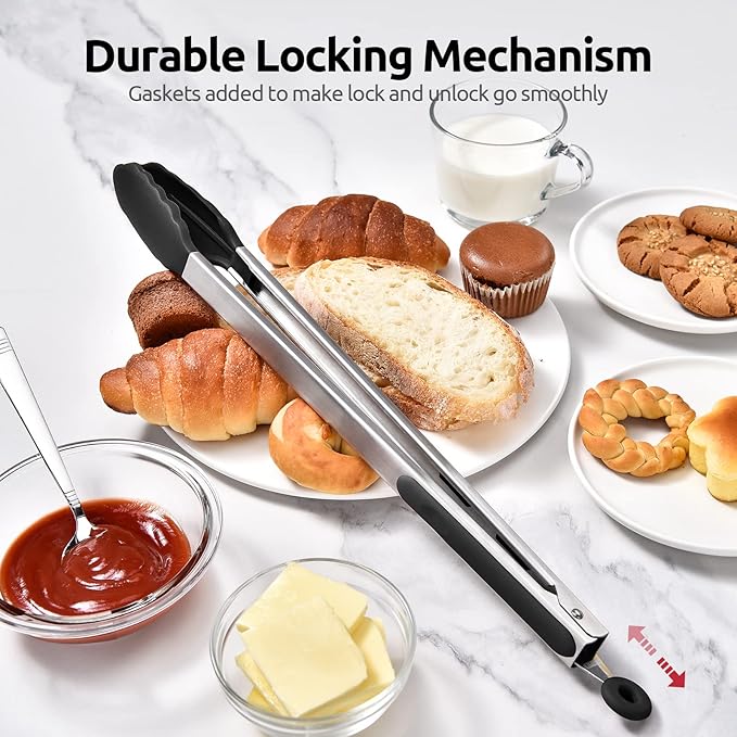 600ºF Heat Resistant Kitchen Tongs: U-Taste 16 inch Extra Long Large Silicone Cooking Tong with Sturdy Non Stick Rubber Tips & Non Slip Silicon Coated 18/8 Stainless Steel Handle for Grill BBQ (Black)