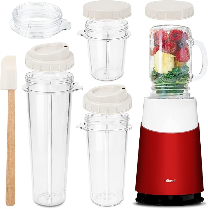 Tribest Mason Jar Ready Personal Blender 2 with Mason Jar Blending Mug, Red