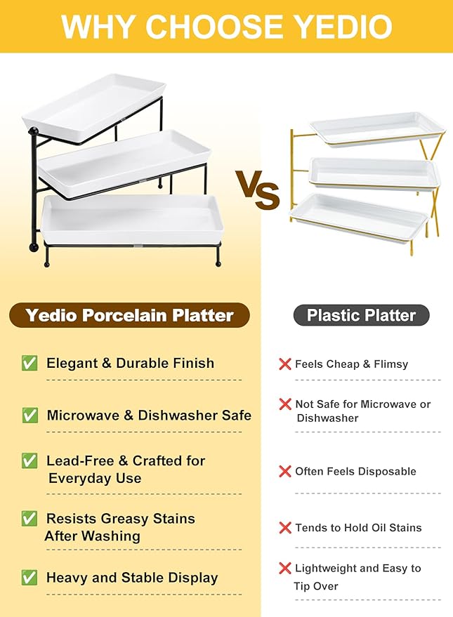 Yedio 3 Tiered Serving Stand, Foldable Rectangular Food Display Stand with White Platters - Serving Trays, Dessert Display Server for Brithday Party, Valentine's Day and Events