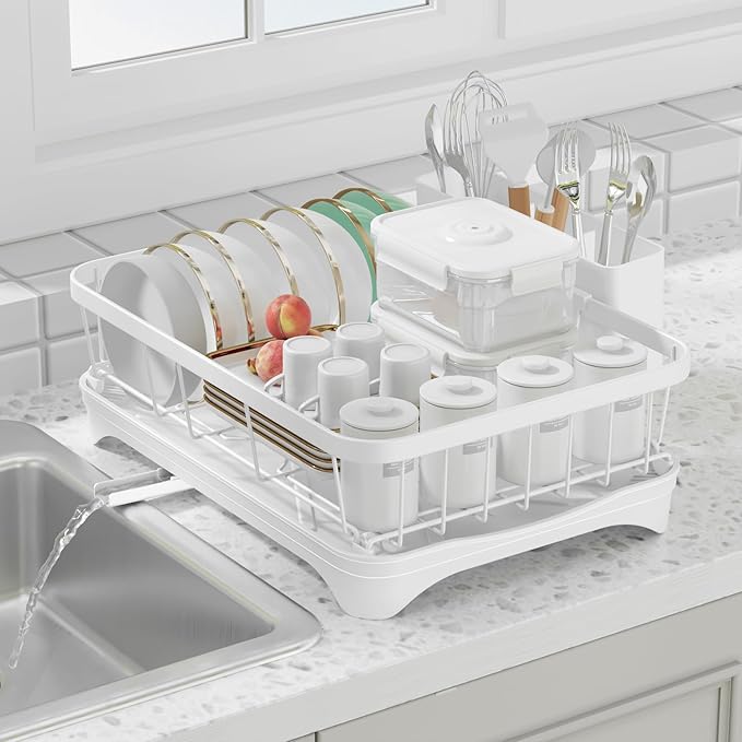 Dish Drying Rack - Space Saving Dish Rack with Drainboard,Single Layer with Utensil Holder - Large Capacity Countertop Organizer for Bowls, Cups, Dish Drainer White