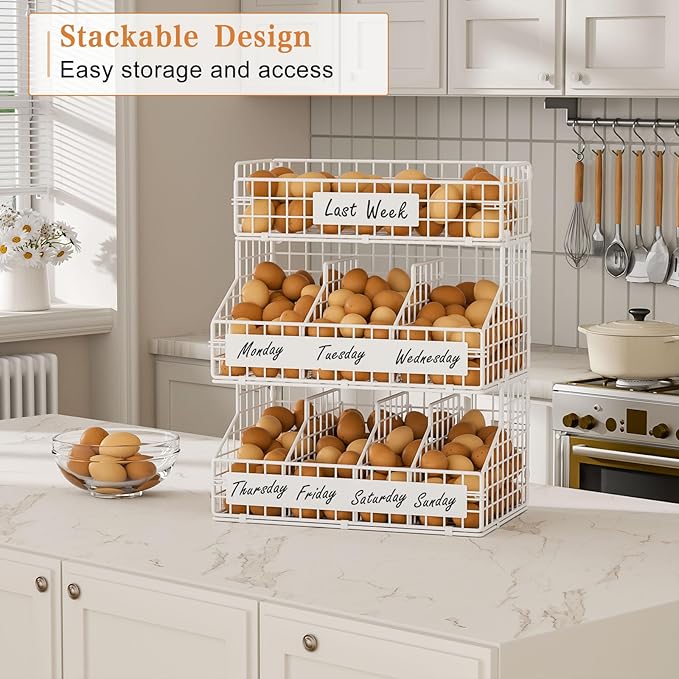keomaisyto Egg Holder Countertop with 5 Dividers & DIY Nameplate to Separate Eggs, 3 Tier Stackable Wire Storage Baskets for Gathering Fresh Eggs, Wall-Mounted XXL Egg Rack, White (Patent Pending)