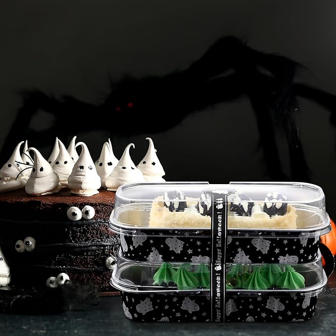 Tioncy 50 Pcs Halloween Mini Black Pink Loaf Pans with Lids Spoons Sticker Star Ghost 6.8oz Disposable Rectangle Aluminum Foil Baking Pans Muffin Cupcake Cups for Picnics Birthday Halloween Party