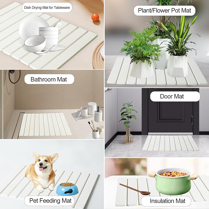 Large Stone Dish Drying Mats for Kitchen Counter, 24"(L)×16"(W) Quick Dry Collapsible Dish Drying Mat with Towel Sanding Absorbent Diatomaceous Earth Mat for Dishes Bottles Cups, Match Any Countertop