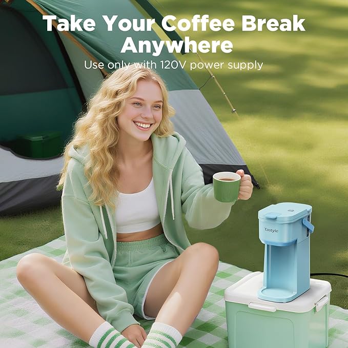 Single Serve One Cup Coffee Maker, for K Cups and Grounds, Mini Coffee Maker with Portable Handle, 6 to 12 Oz Brew Size, for Travel, Camping, Office, RV and Dorm, 120V, Aqua