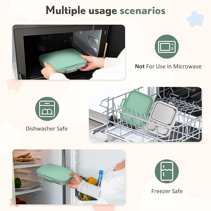 Stainless Steel Bento Box Kids, Leak Proof Metal Bento Lunch Box,3 Compartments 304 Stainless Steel Bento Lunch Containers for School and Office,Dishwasher Safe, BPA-Free(Green)