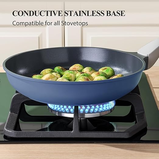 Nonstick Ceramic Frying Pan, 8/10/12 Inch Non Toxic Skillet, Egg & Omelet & Chef's Pan, Induction Compatible & Oven Safe, Dishwasher Safe,PTFE PFAS & PFOA Free (8 Inch, Blue Gray)