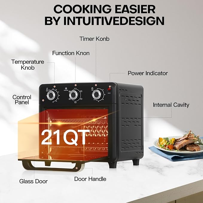 Panana Air Fryer + Convection Toaster Oven, 6-in-1 Air Fryer Toaster Oven Combo 1400W, 21QT Airfryer Convection Oven Countertop, Bake, Roast, Reheat, Broil, Dehydrate, (Black)