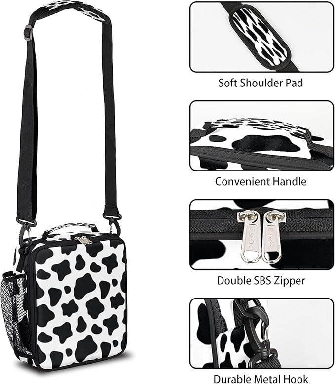 Cow Skin Insulated Lunch Bag for Kids Boys Girls Lunch Box Containers Tote with Shoulder Strap Durable Reusable Waterproof Meal Prep Bag for School Picnic Work Thermal Cooler Bag